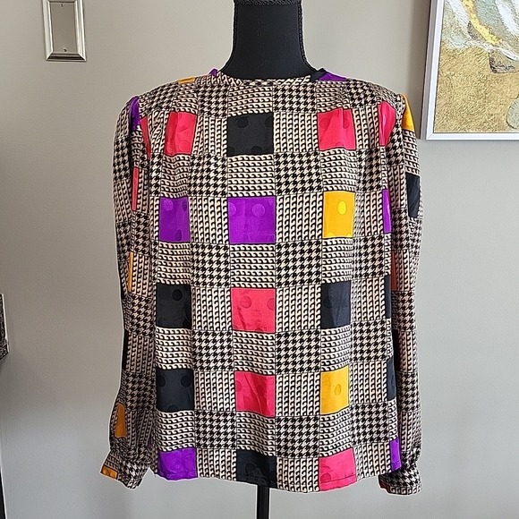 Poetry Tops - POET by Nicola Vintage 80's Bold Colorblock Retro Geometric Silky Blouse Size 12